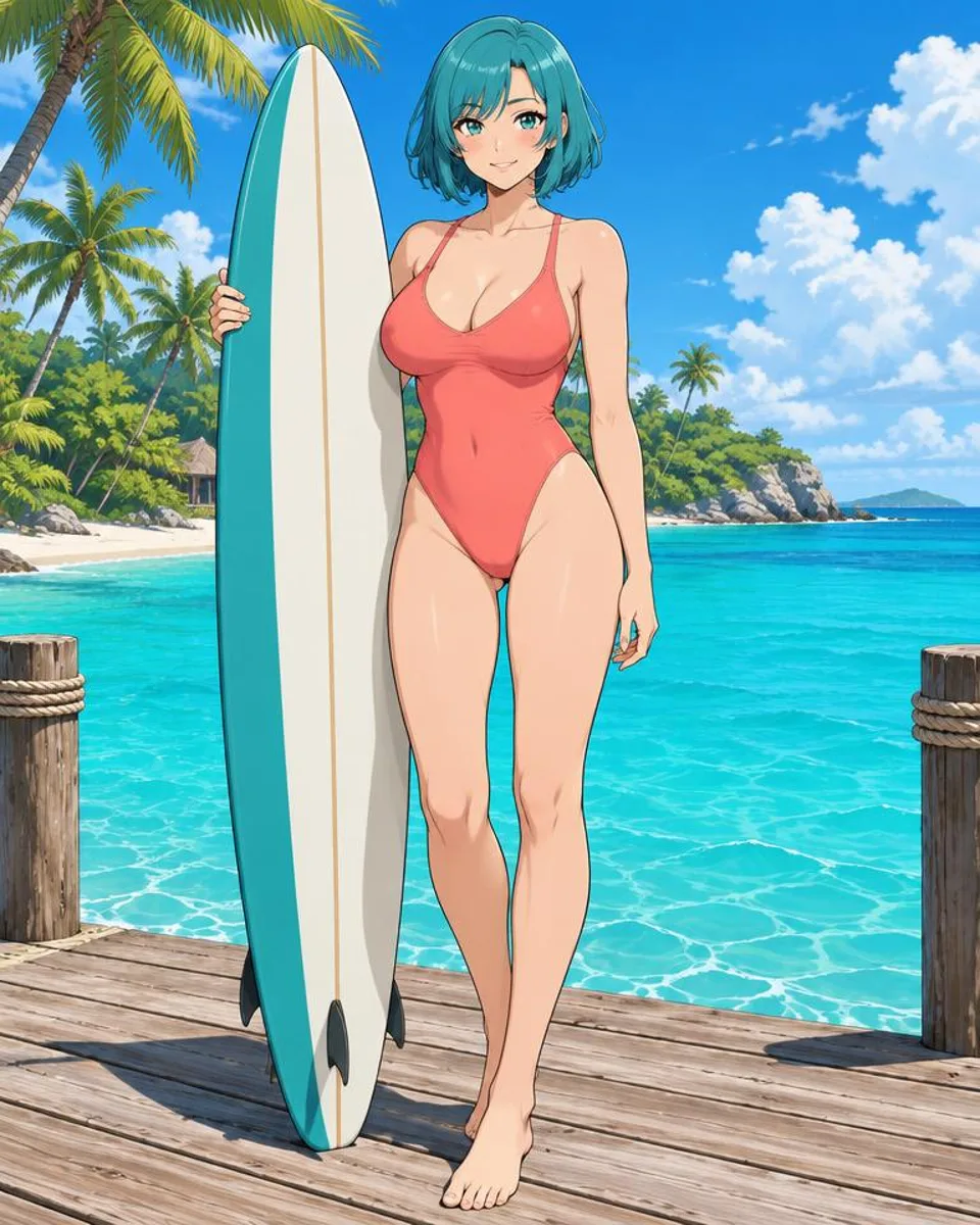Kaelith, an adult anime companion standing on a wooden pier holding a surfboard