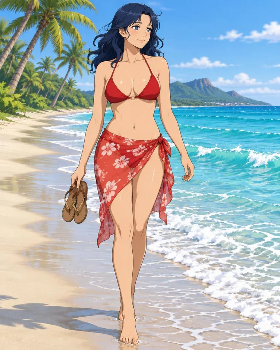 Maevrith, an adult anime companion walking barefoot along the waterline carrying her sandals
