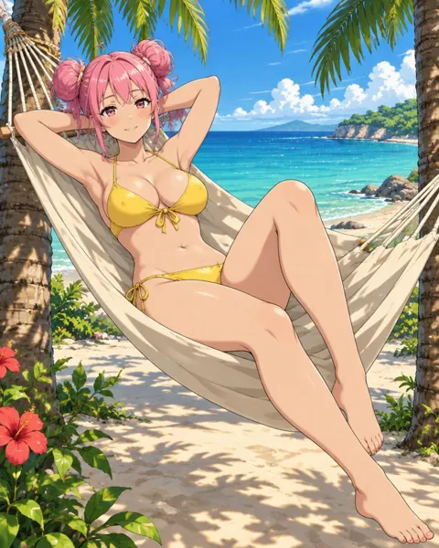 Pellisande, an adult anime companion relaxing in a hammock between two palms