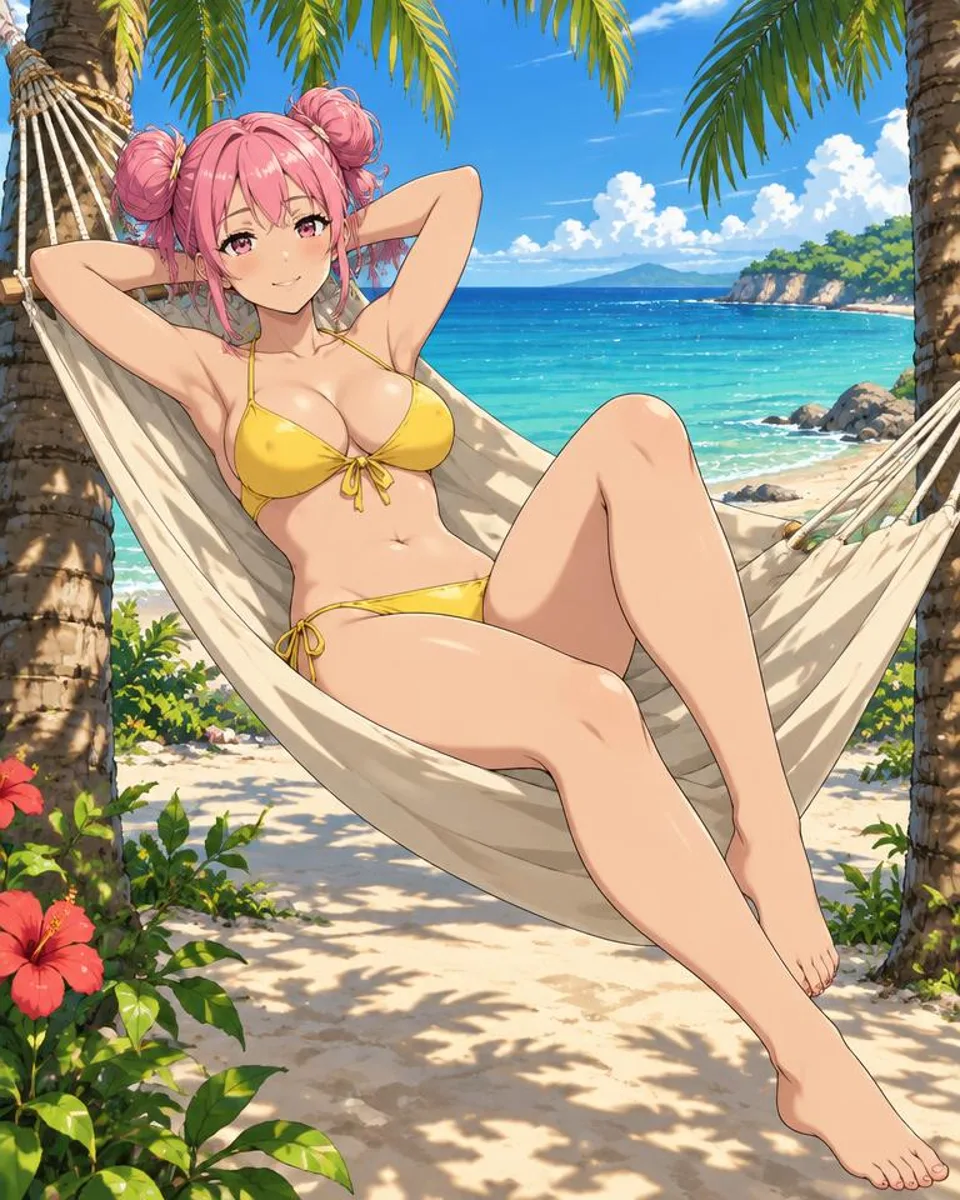 Pellisande, an adult anime companion relaxing in a hammock between two palms