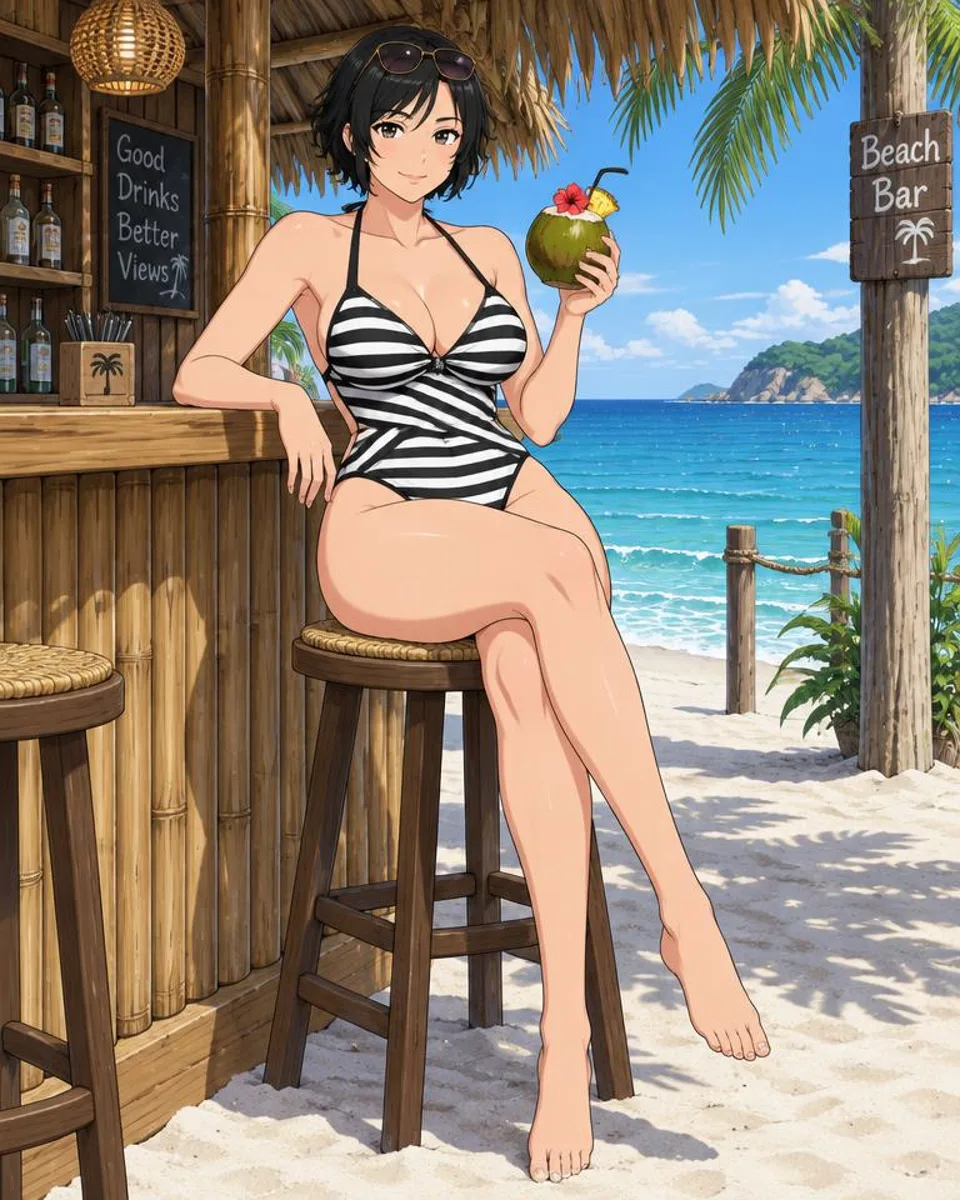 Quorielle, an adult anime companion sitting on a beach bar stool with a coconut drink