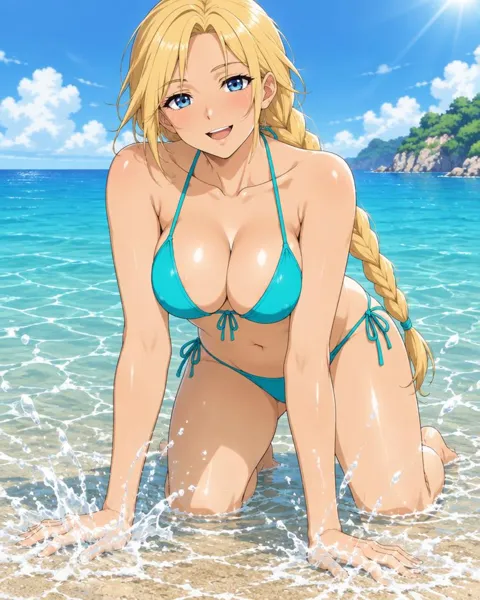 Thyrenne, an adult anime companion kneeling in shallow water splashing with both hands