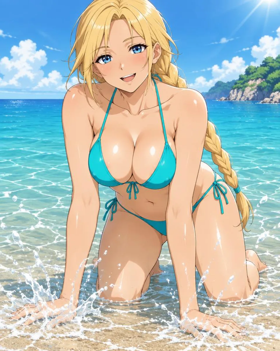 Thyrenne, an adult anime companion kneeling in shallow water splashing with both hands