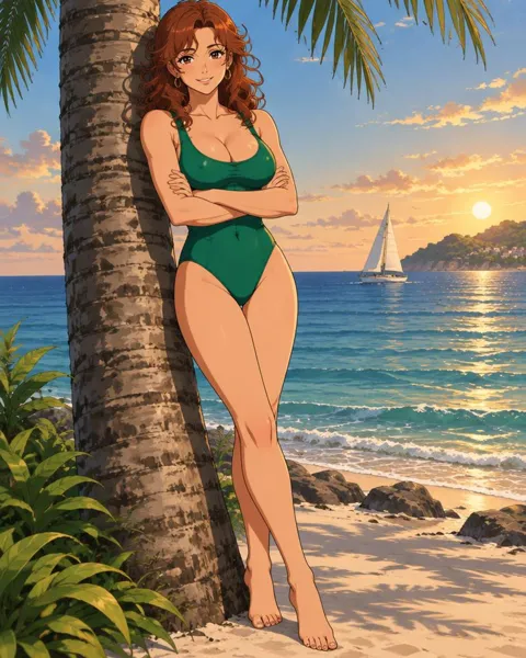 Velquine, an adult anime companion leaning against a palm trunk with arms crossed