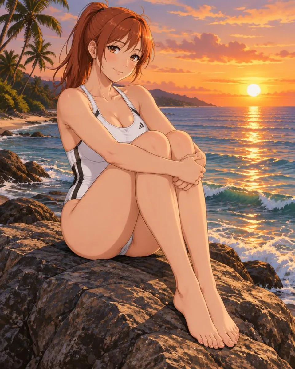 Zinnara, an adult anime companion sitting on a shore rock hugging her knees at sunset